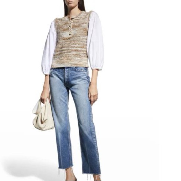 Brown Knit Vest With White Sleeves